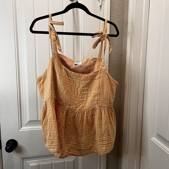 Old Navy Checker Tie-Shoulder Blouse Size XXL Gold Smocked Gingham Cami Swing - Picture 1 of 9